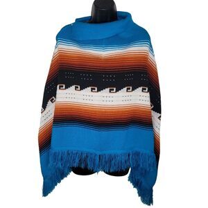 Vagabond Imports Mexican fringe poncho w/collar OS One Size